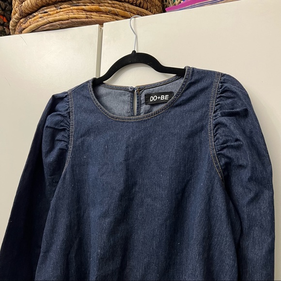 Dark Wash Denim Puff-Sleeve Long Belted Contrast Stitching Shirt Top Blouse Sz M - Picture 3 of 14